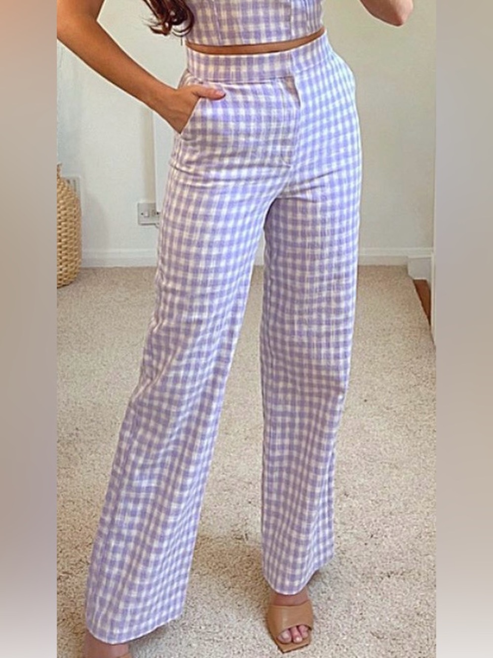 Zara Checkered Lilac Purple and White Trouser Pant Medium